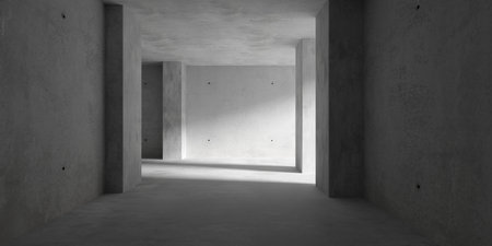 Abstract empty, modern concrete hallway with two rooms, indirect sunlight and rough floor - industrial interior background template, 3D illustrationの写真素材