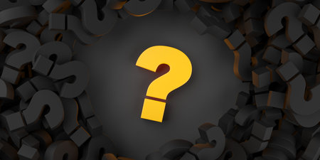 Circular ring of black question marks with a yellow one in the center on black background, faq or problem solving concept, 3D illustrationの写真素材