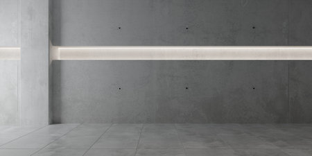 Abstract empty, modern concrete room wall with linear backlit niche, pillar and tiled, shiny floor - industrial interior background template, 3D illustrationの写真素材