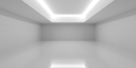 Empty blank white room background with backlit ceiling recess and reflective floor, modern interior template, 3D illustrationの写真素材