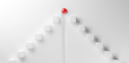 V-shaped group of white boxes with one red sphere or ball in the center leading over white background, business success, teamwork or leadership concept, flat lay top view from above, 3D illustrationの写真素材