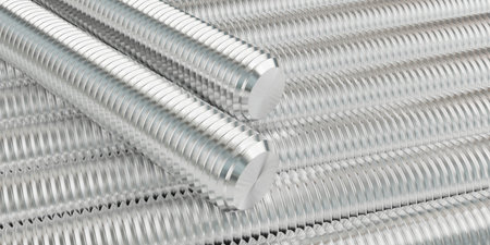 Heap of threaded steel rods or bars background with two bars on top, engineering or manufacturing concept, 3D illustrationの写真素材