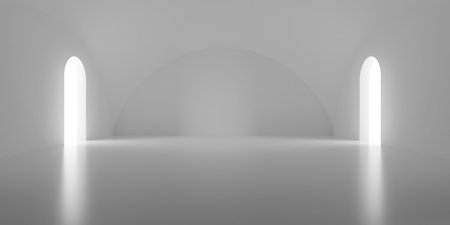 Empty blank white room background with dome walls and ceiling and two round doorways, modern interior template, 3D illustrationの写真素材