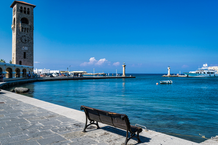 This is a bech over looking Rhodes harbor in Greece.の写真素材