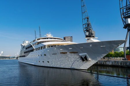 LONDON, UNITED KINGDOM - May 15, 2019: Veiw of the Sunborn Yacht hotel moored at the docks near the...