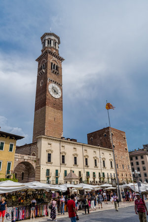Verona, Italy - July 27, 2019:  The old clocktower in the centre of Veronaのeditorial素材