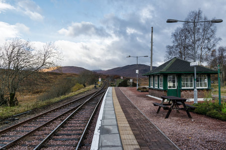 Rannoch, Scotland- Nov 4, 2019: Empty train station at Ronnoch in the Scottish Highlandsのeditorial素材