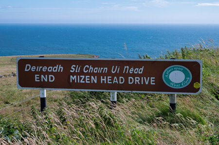 Mizen Head, Ireland- July 12, 2021: The  road sign for Mizen Head driveのeditorial素材