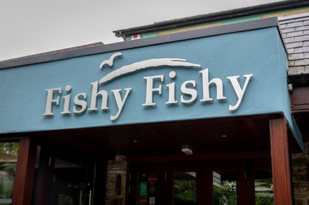 Kinsale, Ireland- July 13, 2021: The sign for Fishy Fishy Seafood restaurant in Kinsaleのeditorial素材