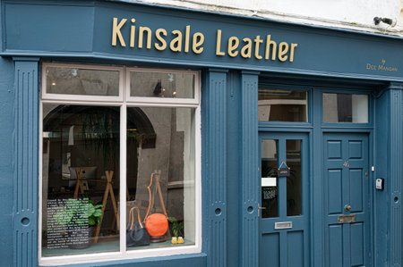 Kinsale, Ireland- July 13, 2021: The sign for Kinsale Leather shop in Kinsaleのeditorial素材