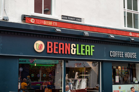 Cork, Ireland- July 14, 2021: The sign for Bean & Leaf Coffee house in Cork