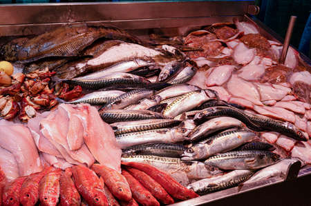 Fish and Seafood on display at a market stall in Ireland