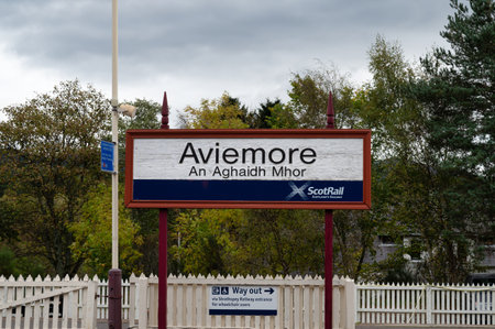 Aviemore, Scotland- Oct 18, 2021: The sign for Aviemore train station.のeditorial素材