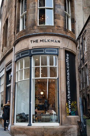 Edinburgh, Scotland- Nov 20, 2021: The front of theMilkman Coffee shop in Edinburgh.のeditorial素材