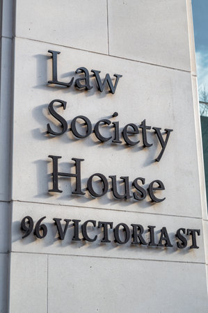 Belfast, UK- Feb 19, 2022: The sign for the Law Society House Building in Belfast Northern Ireland.