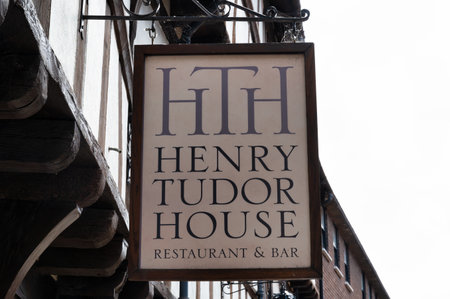 Shrewsbury, UK-  July 14, 2022: The sign for Henry Tudor House restaurant & Bar in Shrewsbury, Engalnd.のeditorial素材