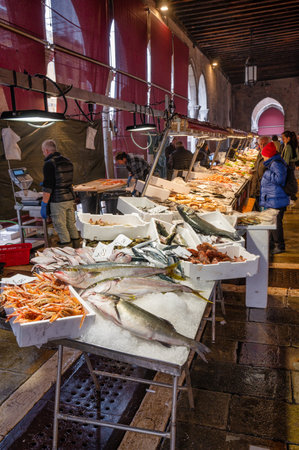 Venice, Italy- Feb 22, 2023: The Rialto Fish Market in Venice, Italyのeditorial素材