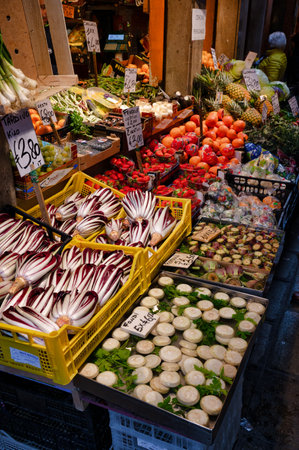 Venice, Italy- Feb 23, 2023: Fresh fruit and vegetables market in Venice, Italy.のeditorial素材