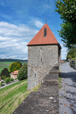 A tower on the old town walls of Romont in Switzerland.の写真素材