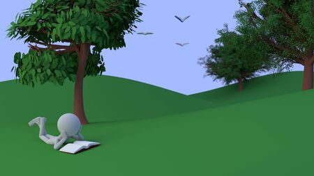 3d person reads a book under a tree in a valleyの写真素材