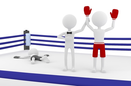 3d boxer person winning a match in a boxing ring with a referee lifting his hand. Winner and Loser. 3d image render.の写真素材