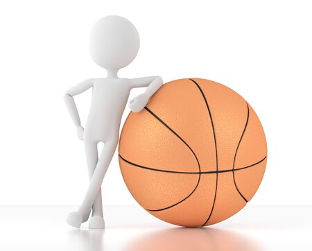 3d man stands and leans on a basketball.の写真素材