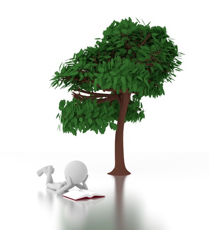 3d gray man reads a book under a tree.の写真素材