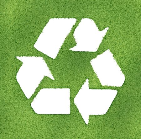 Recycle symbol made on grass outlines. 3d image render.の写真素材