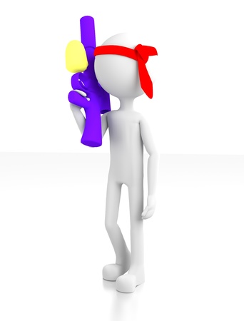3d person holding a water gun with a tie around his head.の写真素材