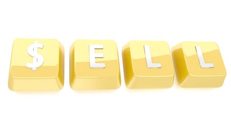 SELL written in white on golden computer keys  3d illustration  Isolated background の写真素材