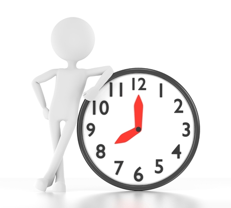 3d person leans on clock that says 08 00の写真素材