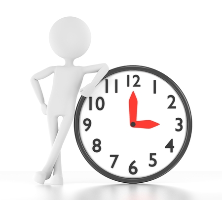 3d person leans on clock that says 03 00の写真素材