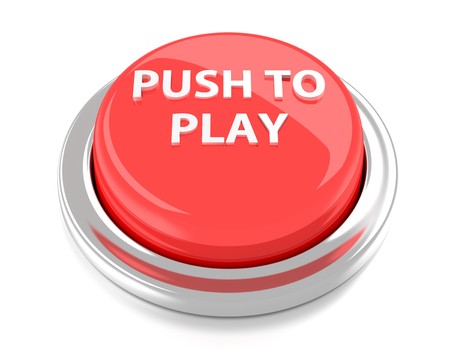 PUSH TO PLAY on red push button  3d illustration  Isolated background の写真素材
