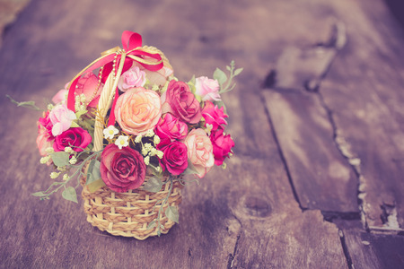 flower basket on wooden plank, vintageの写真素材