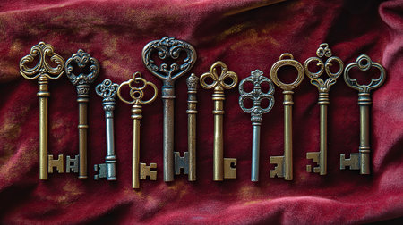 Antique keys on a red velvet background. Selective focus.の素材