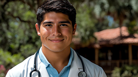Portrait of a young Hispanic male doctor smiling at the camera outdoorsの素材