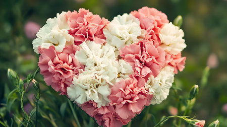 Heart shaped pink and white carnation flowers on green grass background.の素材