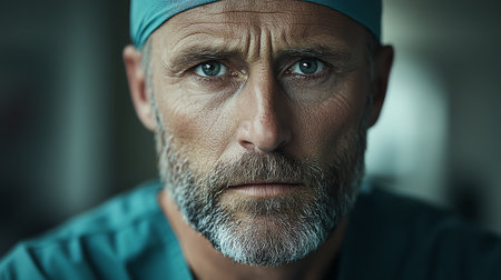 Portrait of senior male surgeon looking at camera in operating room.の素材