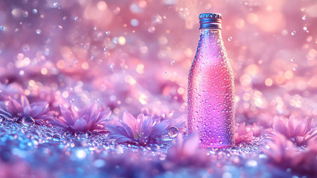 Bottle of water with pink flowers on a purple background with bokeh.の素材