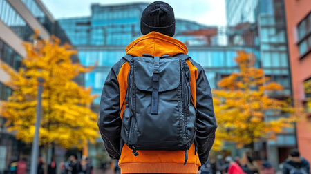 Back view of man with backpack walking on the street in autumn.の素材