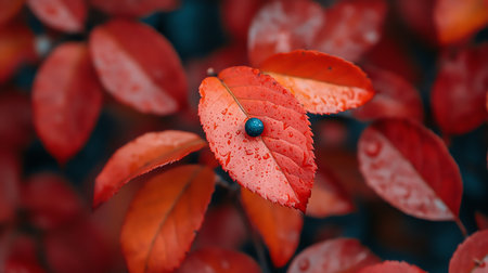 Red leaves with water drops on a blurred background. Autumn background.の素材