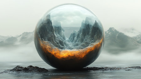Fantasy landscape with mountain in a glass ball. 3D renderingの素材