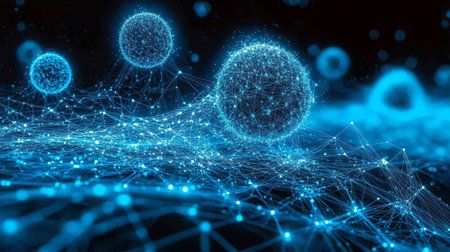 3D rendering of abstract digital technology background with connecting dots and linesの素材