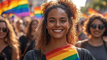Portrait of smiling young african american woman with rainbow flag in the streetの素材