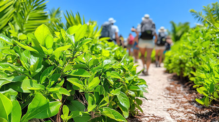 Group of tourists walking on the tea plantation in Chiang Mai, Thailandの素材