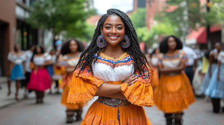 Beautiful african american woman in traditional costume dancing in the streetの素材