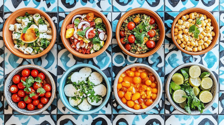 Healthy food in bowls on a table in a restaurant, top viewの素材