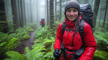Young woman hiking in the rain forest with backpack and trekking polesの素材