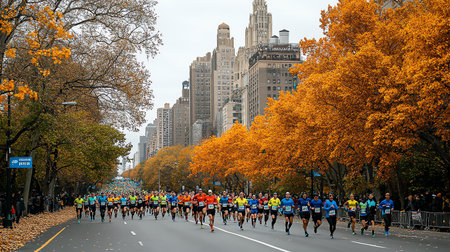 New York City Marathon in Central Park. The annual event is run through the city.の素材
