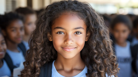 Portrait of a smiling african american schoolgirl on campusの素材